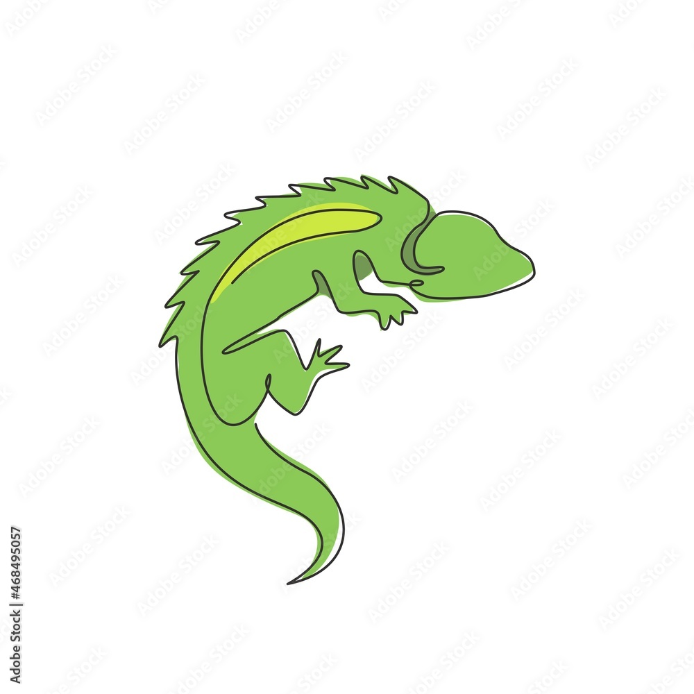 Obraz premium Single continuous line drawing of beautiful iguana for company logo identity or pet collector. Exotic animal mascot concept for reptilian zoo. Dynamic one line draw design illustration vector graphic