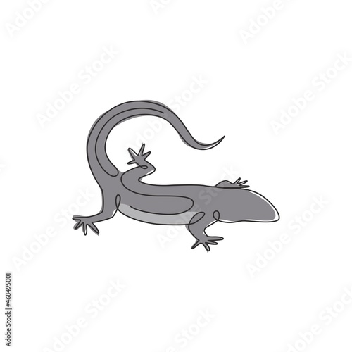 One continuous line drawing of exotic desert lizard for company logo identity. Cute desert animal mascot concept for reptile pet lover organization. Trendy single line draw design vector illustration