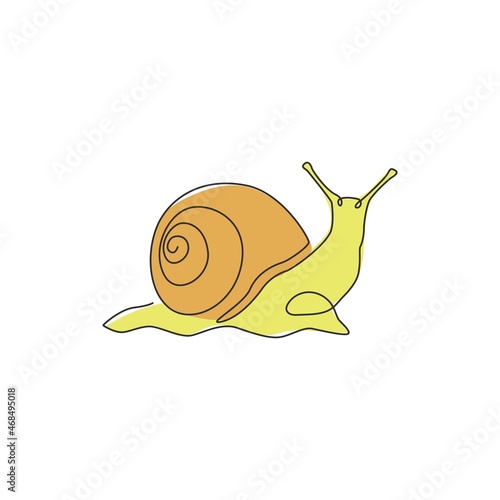 One single line drawing of exotic snail with spiral shell mascot concept for organic food logo identity. High nutritious escargot healthy food. Single line draw vector graphic design illustration