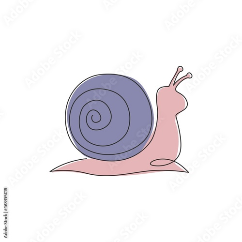 One single line drawing of exotic snail mascot concept for healthy food logo identity. High nutritious escargot healthy food. Modern continuous line draw vector graphic design illustration