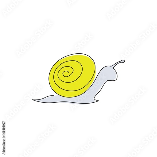 One continuous line drawing of exotic snail with spiral shell mascot concept for organic food logo identity. High nutritious escargot healthy food. Continuous line draw design vector illustration