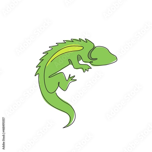 Single continuous line drawing of beautiful iguana for company logo identity or pet collector. Exotic animal mascot concept for reptilian zoo. Dynamic one line draw design illustration vector graphic