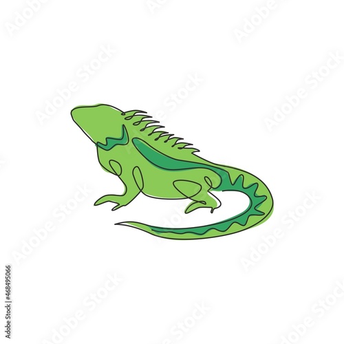 One continuous line drawing of beautiful iguana for company logo identity. Funny reptilian animal mascot concept for pet hobbyist association. Single line draw design illustration vector graphic