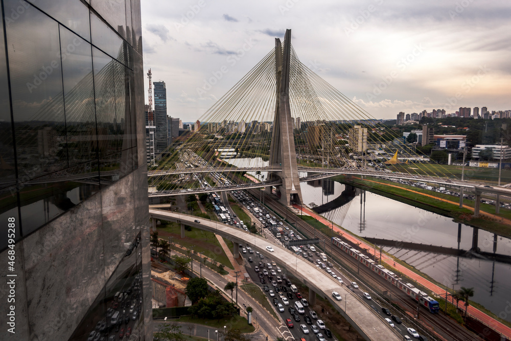 Sao Paulo, Brazil, November 05, 2010. Aerial view of the Octavio Frias de Oliveira Bridge, known as the Estaiada Bridge, in the south zone of Sao Paulo, SP