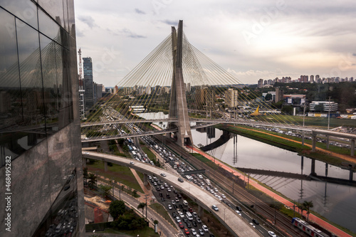 Aerial view of the Octavio Frias de Oliveira Bridge, known as the Estaiada Bridge, in the south zone of Sao Paulo, SP