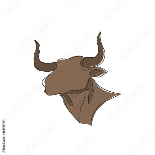Single continuous line drawing of elegance head buffalo for multinational company logo identity. Luxury bull mascot concept for matador show. Trendy one line draw vector graphic design illustration