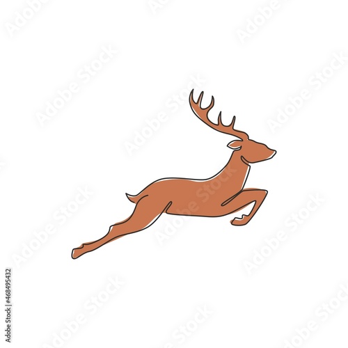 Single continuous line drawing of cute elegance deer for national zoo logo identity. Luxury buck mascot concept for animal hunting club. Dynamic one line draw design illustration graphic vector