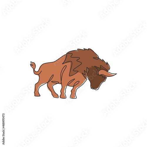 One single line drawing of healthy organic american bison for livestock cattle logo identity. Big buffalo mascot concept for canned meat food. Modern one line draw design vector graphic illustration