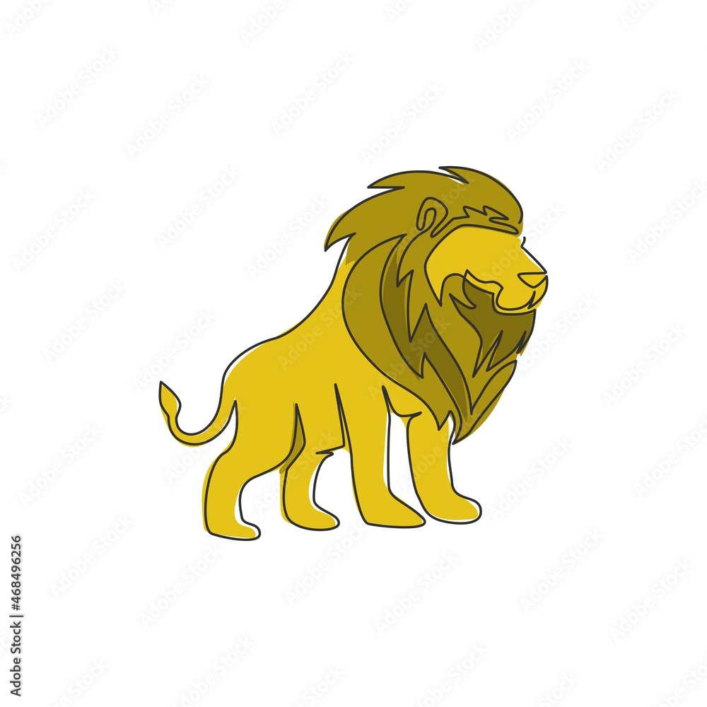 Obraz premium One single line drawing of wild lion for company business logo identity. Strong wildcat mammal animal mascot concept for national conservation park. Continuous line draw design vector illustration