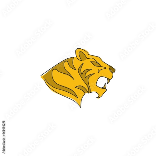 Fototapeta Naklejka Na Ścianę i Meble -  One continuous line drawing of African tiger head for company logo identity. Strong feline mammal animal mascot concept for national safari zoo. Single line draw vector graphic design illustration