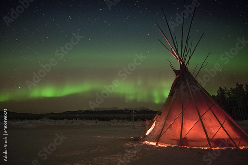 Tipi and northern lights in Whitehorse, Yukon (Canada)