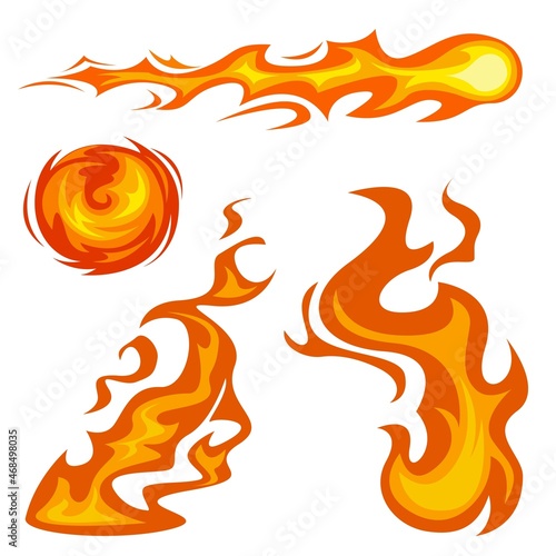 Set of orange fire elements: fireballs and flames