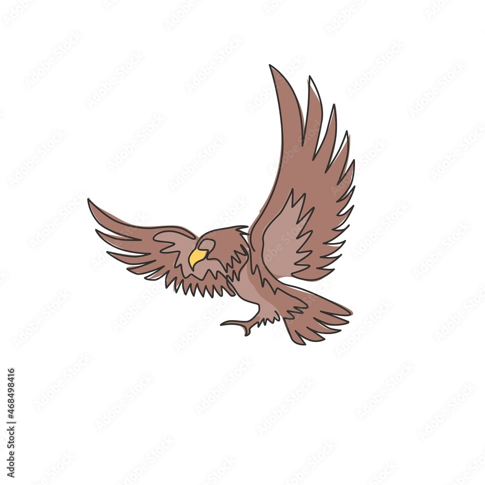 Fototapeta premium One single line drawing of strong eagle bird for company business logo identity. Falcon mascot concept for air force icon. Dynamic continuous line draw design graphic vector illustration