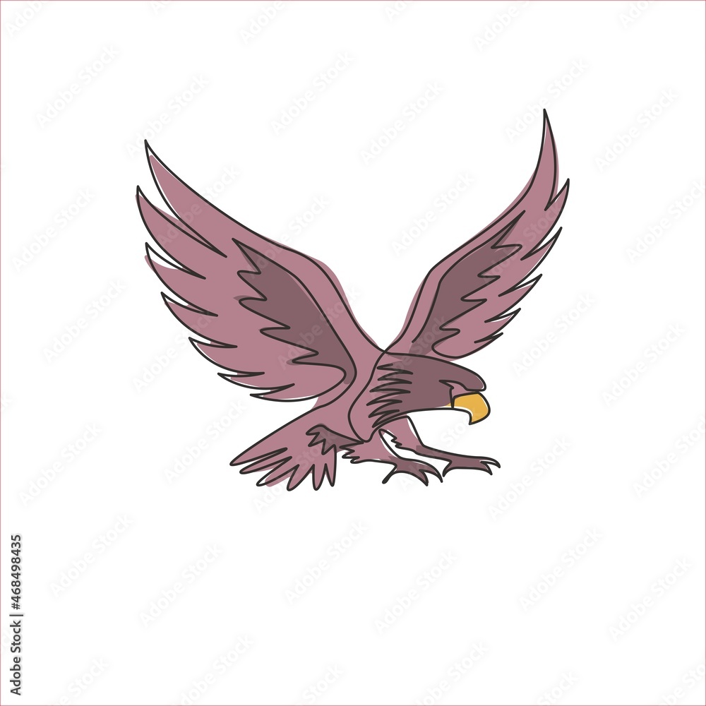Obraz premium One single line drawing of strong eagle bird for company business logo identity. Falcon mascot concept for air force icon. Modern continuous vector graphic line draw design illustration