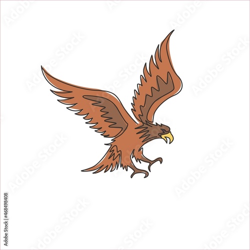 One continuous line drawing of strong eagle for delivery service logo identity. Hawk mascot concept for bird conservative park icon. Modern single line draw vector graphic design illustration