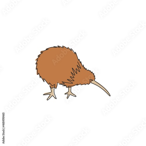 One continuous line drawing of little kiwi bird for city zoo identity. Kiwi mascot concept for typical New Zealand animal. Trendy single line draw graphic vector design illustration