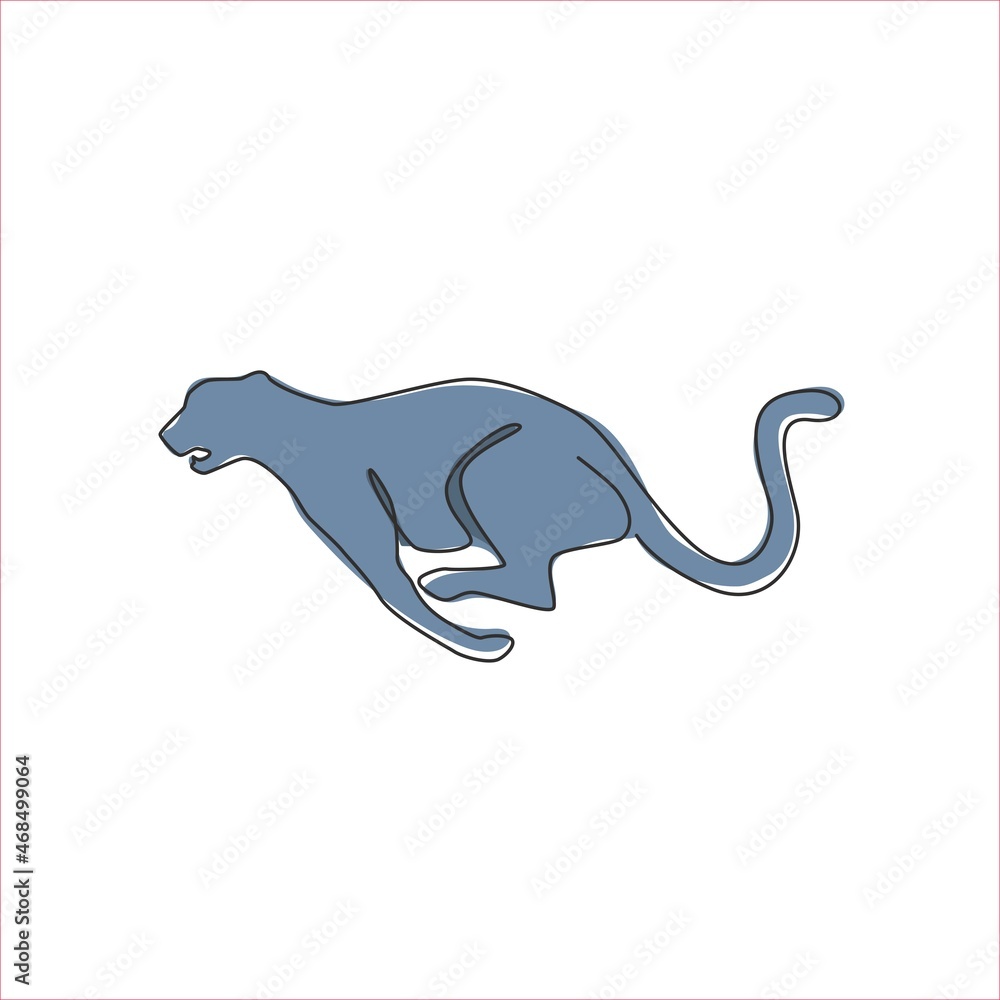 Obraz premium One single line drawing of jump running cheetah for hunting club logo identity. Strong leopard mascot concept for conservation park icon. Modern continuous line draw design graphic vector illustration