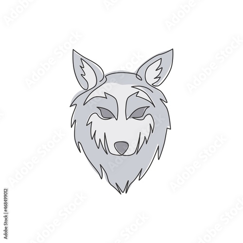 One single line drawing of dangerous wolf head for hunter club logo identity. Strong wolves mascot emblem concept for national zoo icon. Modern continuous line draw design vector graphic illustration