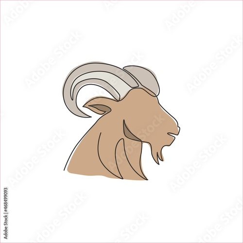 One single line drawing of funny cute goat head for stock breeding logo identity. Lamb mascot emblem concept for animal husbandry icon. Dynamic continuous line draw design vector illustration graphic