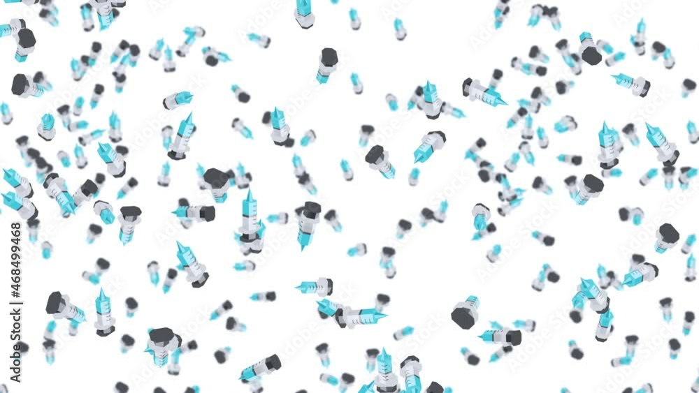 Many syringe floating in air on white background. Medical concept. 3D illustration of vaccination injection. Loop animation. Many syringe floating in air on white background. Medical concept. 3D illustration of vaccination injection. Loop animation.