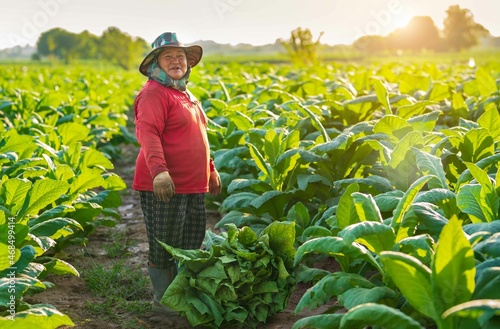 Happy Agriculture Farmer Working to harvest tobacco leaves in the fields.