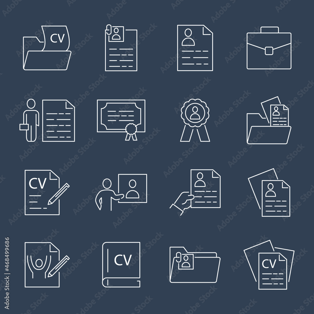 CV and Resume and Self Presentation icons set. CV and Resume and Self Presentation pack symbol vector elements for infographic web CV and Resume and Self Presentation icons set. CV and Resume and Self Presentation pack symbol vector elements for infographic web