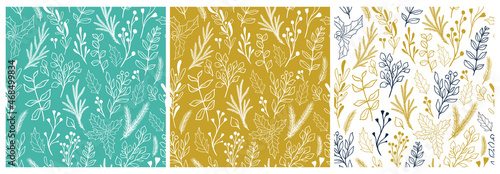 Winter seamless botanical pattern set, Christmas plants and berries, mistletoe, poinsettia,eucalyptus, holly. Vintage doodle fabric pattern, New year wrapping paper. Rustic style vector illustration.