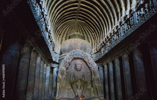 The Elora complex is unique in artistic creation and technological development. Ellora Caves, its sanctuaries devoted to Buddhism, Hinduism and Jainism.  Maharashtra, India. photo