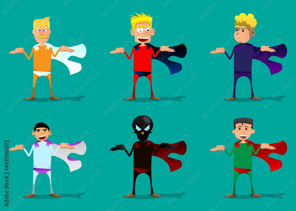 Funny cartoon man dressed as a superhero shrugs shoulders expressing don't know gesture. Vector illustration.