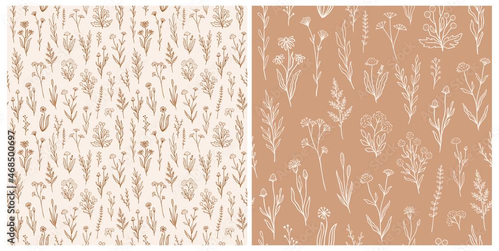 Wildflower seamless pattern set with outline florals. Retro style print design collection with hand drawn flowers in rustic colors. Simple field floral patterns for wallpaper, packaging, fabric design