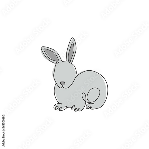 One single line drawing of cute pose rabbit for brand business logo identity. Adorable bunny animal mascot concept for breeding farm icon. Continuous line draw design vector graphic illustration