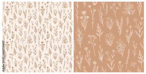 Wildflower seamless pattern set with outline florals. Retro style print design collection with hand drawn flowers in rustic colors. Simple field floral patterns for wallpaper, packaging, fabric design
