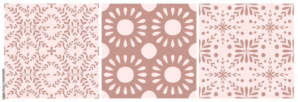 Tile portugal flower seamless pattern set. Dusty rose color geometric background. Traditional azulejo repeat ornament. Vector monochrome pattern.Abstract vintage print for fabric,packaging, wrapper