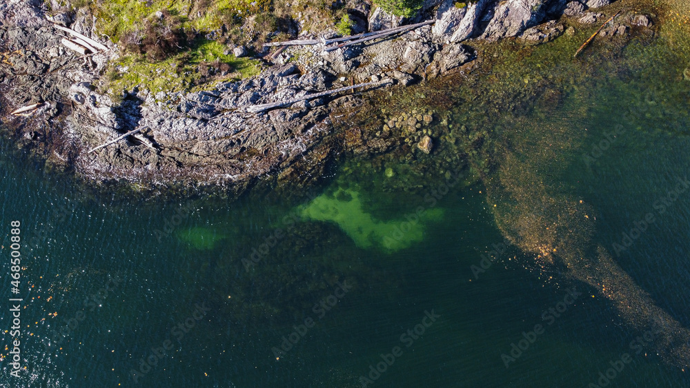 Arial shot of the rocky coast on a sunny day with green and clear water 