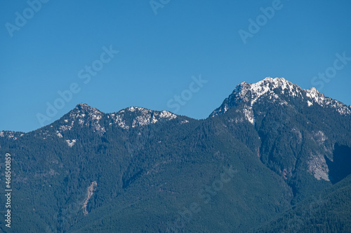mountain range covered by forest with patches of snow on the summit under the clear blue sky on a sunny day © Yi