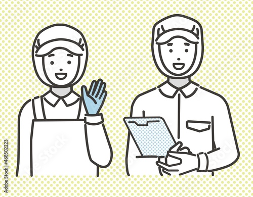 手を振ったり、バインダーを持つ食品工場や給食職員の男女のベクターイラスト素材／病院／工場／調理師／求人／上半身