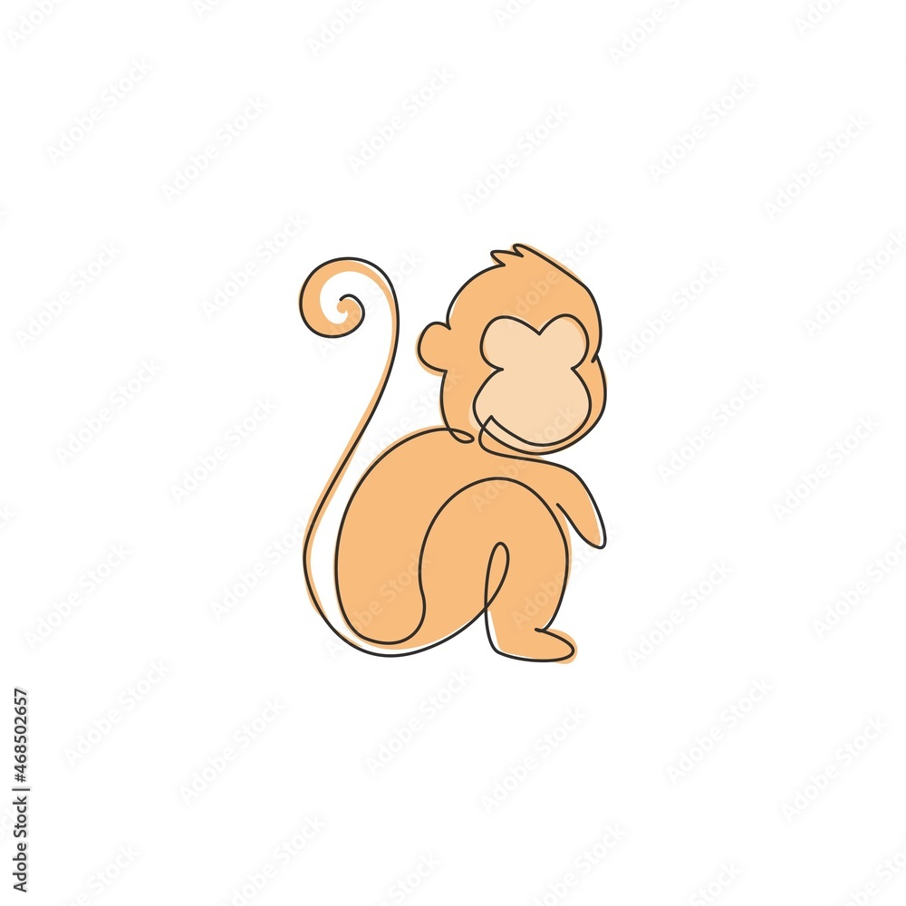 Single Line Monkey One continuous line drawing of cute sitting monkey for conservation ...
