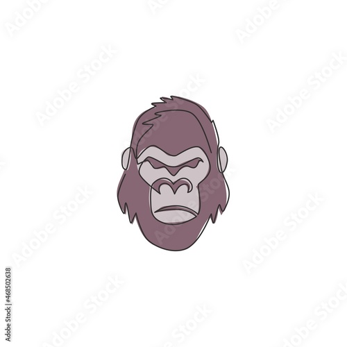One single line drawing of gorilla head for company business logo identity. Strong ape animal face mascot concept for corporate icon. Trendy continuous line draw graphic design vector illustration
