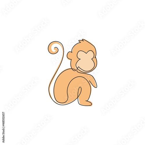 One continuous line drawing of cute sitting monkey for conservation jungle logo identity. Adorable primate animal mascot concept for national park icon. Single line draw design vector illustration photo