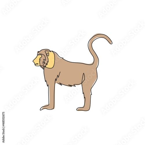 Single continuous line drawing of walking baboon for national zoo logo identity. Cute primate animal mascot concept for circus show icon. Modern one line draw design graphic vector illustration