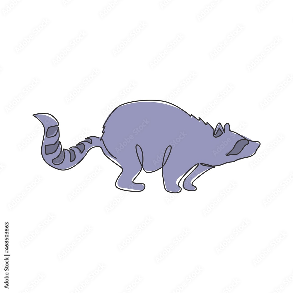 One single line drawing of lovely funny raccoon for logo identity. Cute racoon animal mascot concept for pet lover club icon. Modern continuous line draw design graphic vector illustration One single line drawing of lovely funny raccoon for logo identity. Cute racoon animal mascot concept for pet lover club icon. Modern continuous line draw design graphic vector illustration