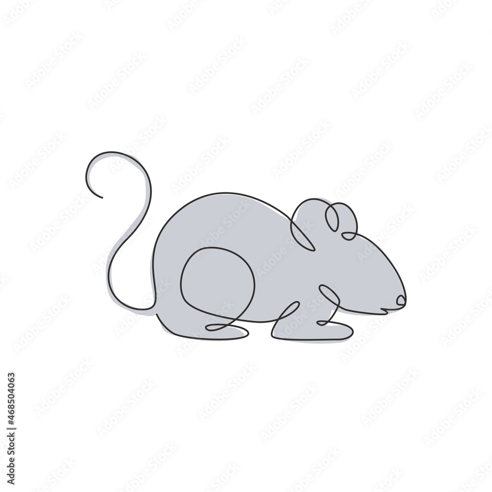 Fototapeta premium Single continuous line drawing of little cute mouse for logo identity. Funny mice mammal animal mascot concept for pet lover club icon. Modern one line graphic draw design vector illustration