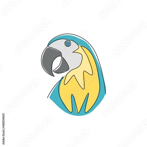 Single continuous line drawing of smart funny parrot bird head for company logo identity. Flying animal mascot concept for pet lover club icon. Trendy one line draw graphic design vector illustration
