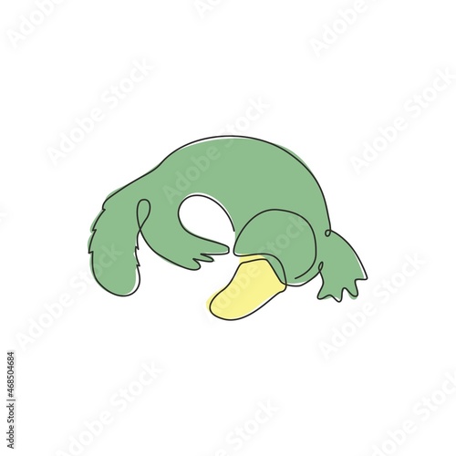 One single line drawing of smart unique platypus for logo identity. Typical cute Australian animal mascot concept for national park icon. Trendy continuous line draw graphic design vector illustration