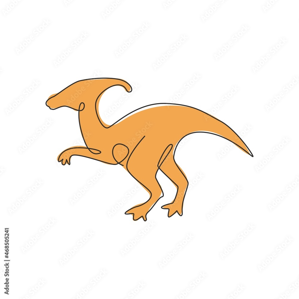 Fototapeta premium One single line drawing of aggressive parasaurolophus for logo identity. Dino animal mascot concept for prehistoric theme park icon. Trendy continuous line draw design vector graphic illustration