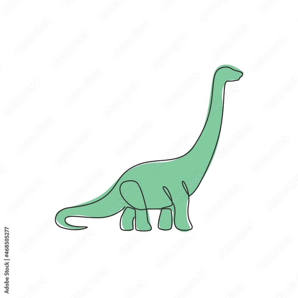 Single continuous line drawing of long neck brontosaurus for logo identity. Prehistoric animal mascot concept for dinosaurs theme amusement park icon. One line draw graphic design vector illustration