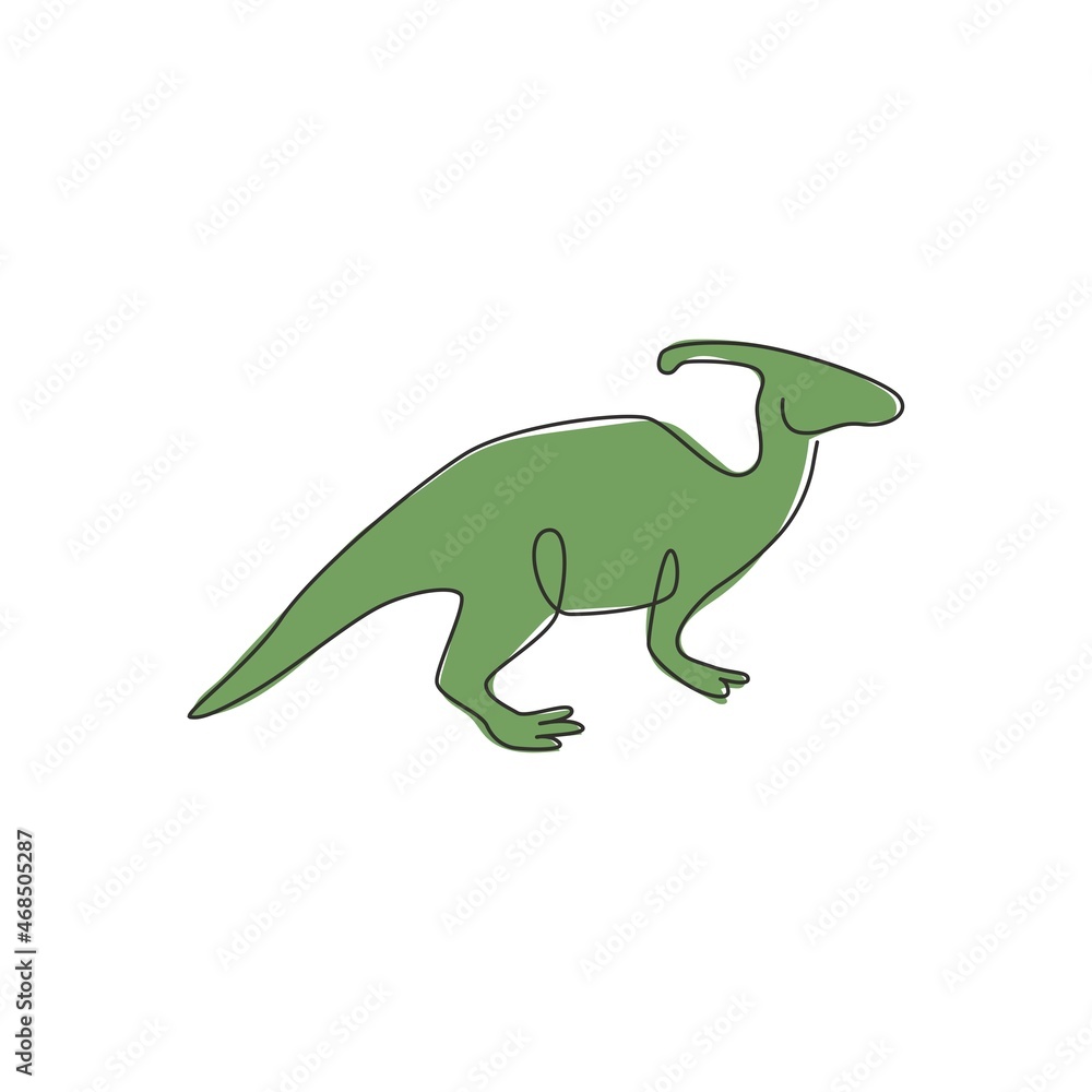 Naklejka premium One single line drawing of aggressive parasaurolophus for logo identity. Dino animal mascot concept for prehistoric theme park icon. Modern continuous line draw design graphic vector illustration