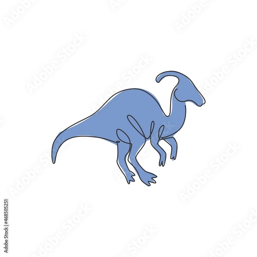 Single continuous line drawing of agile parasaurolophus for logo identity. Prehistoric animal mascot concept for dinosaurs theme amusement park icon. One line draw graphic design vector illustration