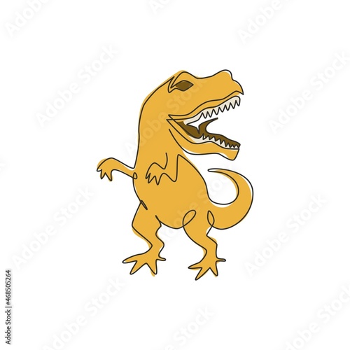 One single line drawing of wild and aggressive t-rex for logo identity. Dino animal mascot concept for prehistoric theme park icon. Trendy continuous line draw graphic design vector illustration © Simple Line