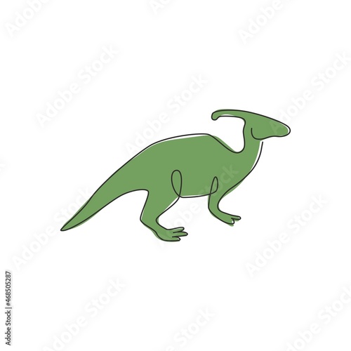 One single line drawing of aggressive parasaurolophus for logo identity. Dino animal mascot concept for prehistoric theme park icon. Modern continuous line draw design graphic vector illustration © Simple Line